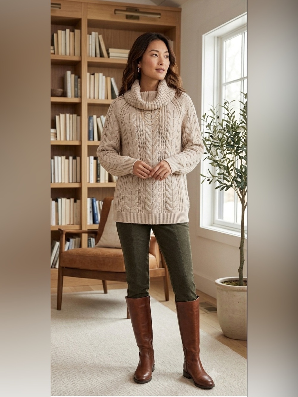Talbots Haven Well Within Beige Cowl Neck Cable Knit Sweater Size Medium